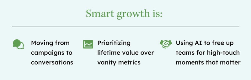 Smart growth is: Moving from campaigns to conversations Prioritizing lifetime value over vanity metrics Using AI to free up teams for high-touch moments that matter