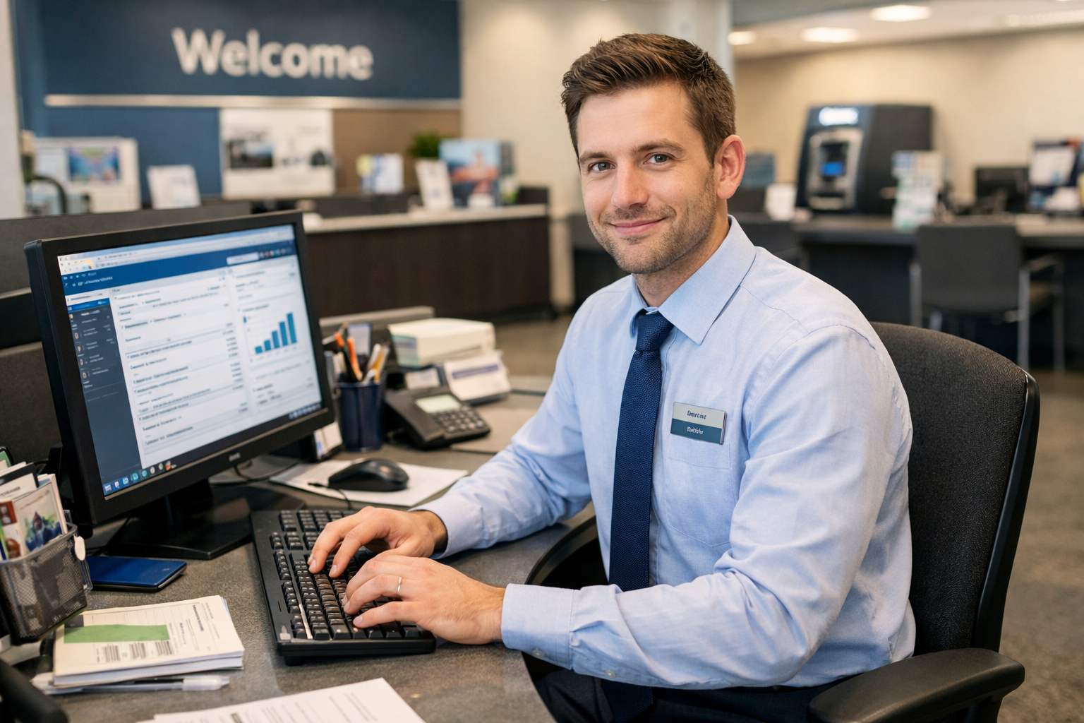 banking employee working on an application