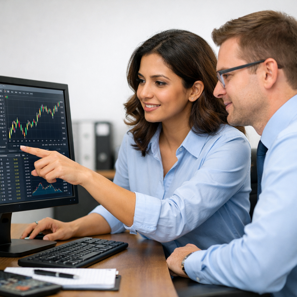 coworkers looking at data